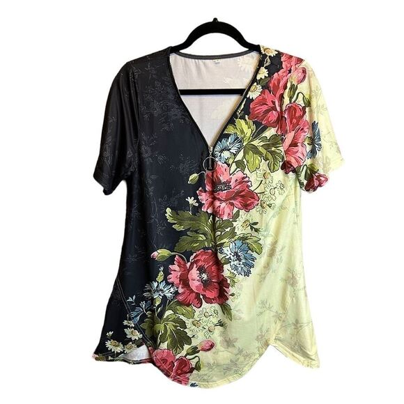 5 for $25🔥Small Floral Half Zip Front T-Shirt Blouse - Picture 1 of 4